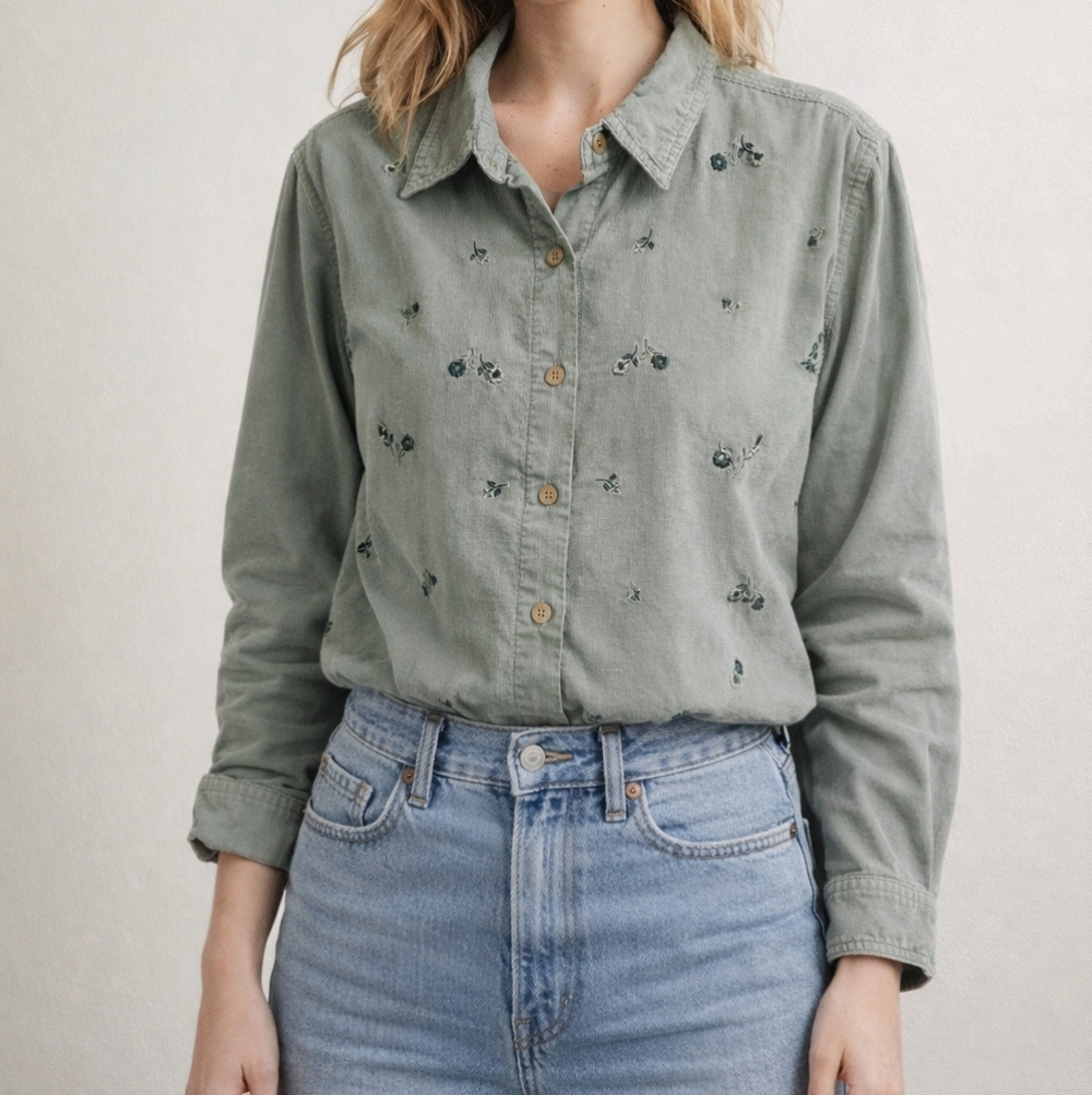 Vintage Micro Corduroy Floral Embroidered Button Down Cotton Shirt Size XL 18/20